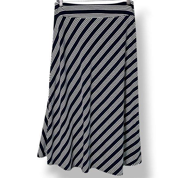 TALBOTS Cotton Modal Blend Navy White Stripe Jersey Knit Midi Skirt Hi-Lo Hem L - Picture 3 of 8